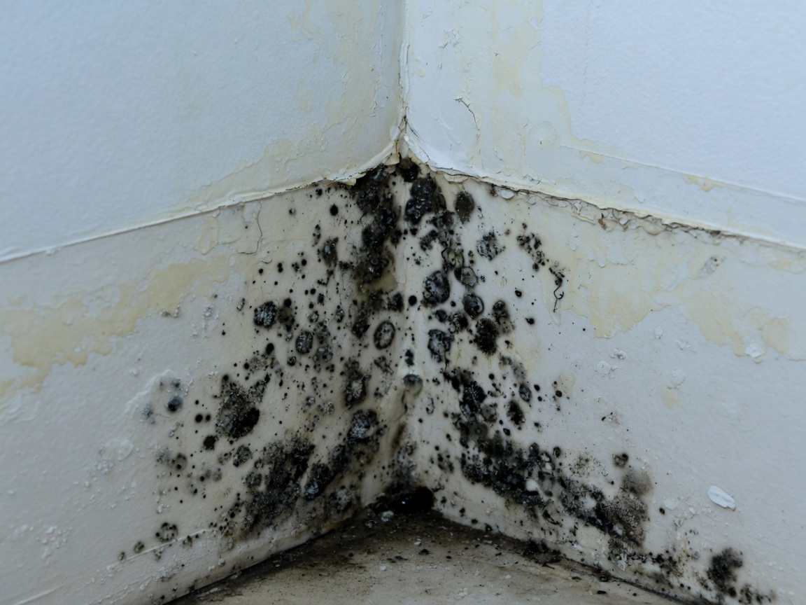 Mold growth on a basement wall being inspected
